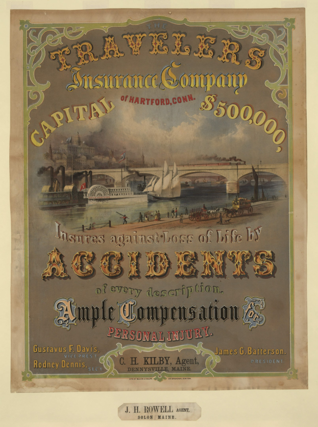 Werbeplakat für die Traveler's Insurance Company of Hartford, Connecticut, mit Booten, einer Brücke und Gebäuden neben Text, der Reiseversicherungsdienstleistungen anbietet.