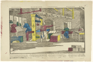 Eine Zeichnung einer Fabrik mit Menschen, die an Maschinen arbeiten, Tischen, Fenstern und anderen Gegenständen, mit Text am unteren Rand des Papiers.