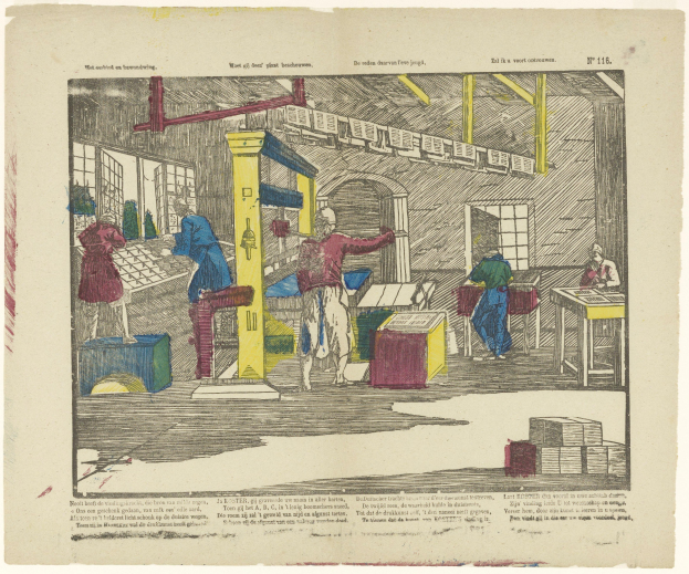 Eine Zeichnung einer Fabrik mit Menschen, die an Maschinen arbeiten, Tischen, Fenstern und anderen Gegenständen, mit Text am unteren Rand des Papiers.