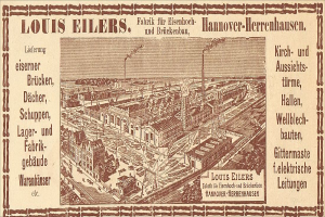 Eine alte Werbung für die Louis Eilers Hannover-Herrenhausen-Fabrik, die ein Bild der Fabrik mit Textüberschrift zeigt.