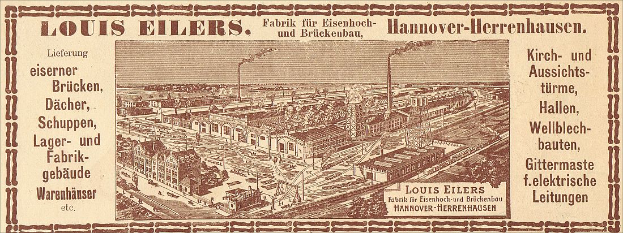 Eine alte Werbung für die Louis Eilers Hannover-Herrenhausen-Fabrik, die ein Bild der Fabrik mit Textüberschrift zeigt.