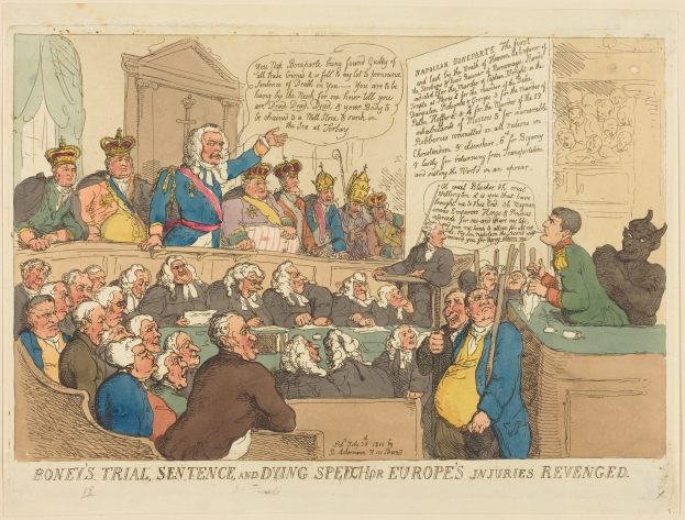 Cartoon-Illustration eines Gerichtssaals mit der überschrift "Boney's Trial, Sentence, and Dying Speech Europe's Injuries Revenged", die eine Gruppe von Menschen zeigt, die sitzen, mit einem stehenden Mann in der Mitte und einem Tisch mit Gegenständen rechts.