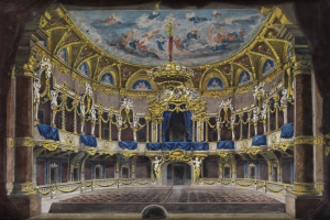 Ein Bild eines Theatersaals mit einer prunkvollen, kunstvoll verzierten Decke, verzierten Wänden mit Säulen, Geländern und Vorhängen und einem Teppichboden, gekrönt von einem weiteren Bild.