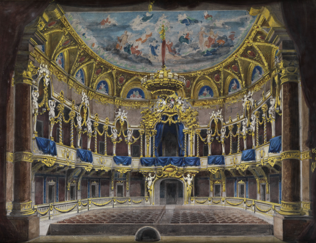 Ein Bild eines Theatersaals mit einer prunkvollen, kunstvoll verzierten Decke, verzierten Wänden mit Säulen, Geländern und Vorhängen und einem Teppichboden, gekrönt von einem weiteren Bild.