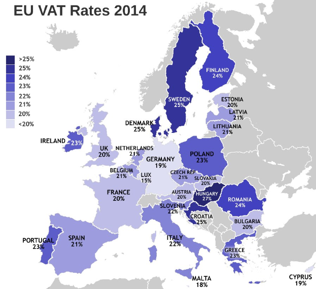 Eine Europakarte, die die EU-Mehrwertsteuersätze von 2014 in Prozent mit entsprechendem Text anzeigt.