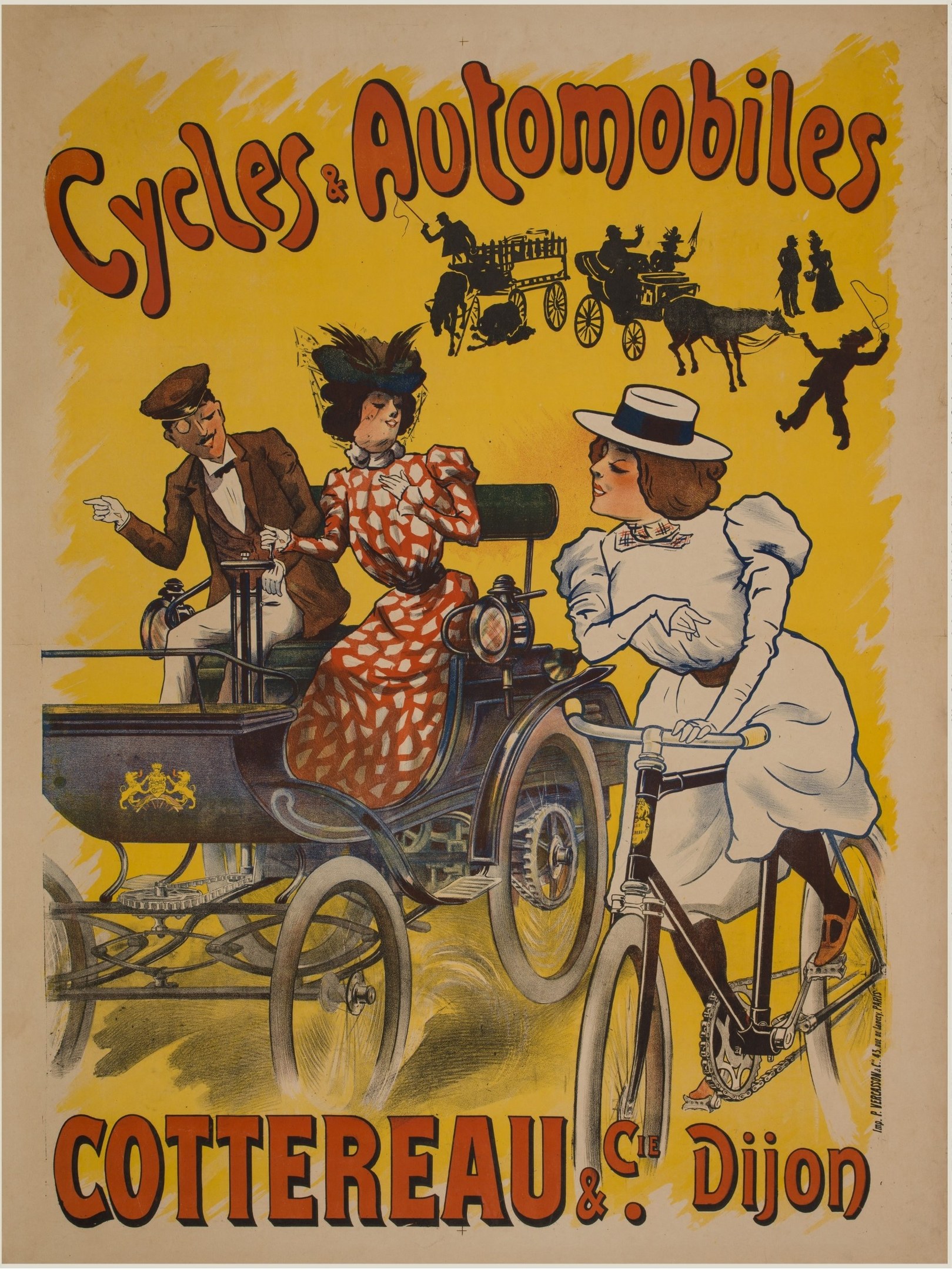 Plakat zur Werbung von Fahrrädern und Automobilen in Cottereau und Dijon, Frankreich, das Menschen auf Fahrrädern und eine Kutsche zeigt, mit der Aufschrift "Fahrräder und Automobile" oben.