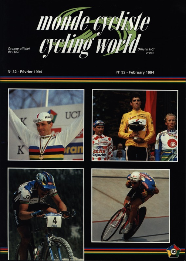 Ein Plakat der Zeitschrift Monde Cycliste Cycling World vom Februar 1994, das vier Radfahrer in Helmen zeigt, die auf Fahrrädern fahren, mit dem Zeitschriften-Titel oben.