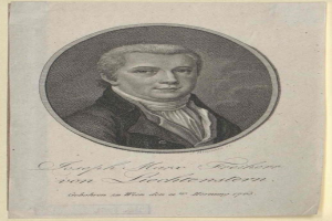 Porträt von Joseph Marx Freicher von Liechtenstein, einem deutschen Komponisten, in einem schwarzen Anzug und weißem Hemd mit ernster Miene, haltend ein Blatt Papier mit Text.