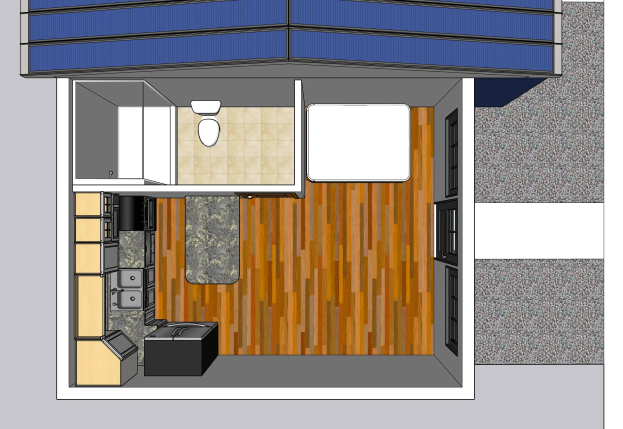 Grundriss eines Tiny Houses mit Küche und Wohnbereich, einschließlich Toilette, Waschbecken und Schränken.