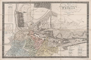 Eine detaillierte historische Karte von Weimar, Deutschland, die Straßen, Gebäude und Sehenswürdigkeiten zeigt, mit begleitendem Text über die Bevölkerung und Merkmale der Stadt.