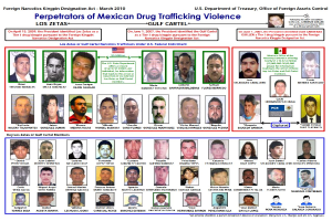 Plakat mit der überschrift "Verbrecher der mexikanischen Drogenkriminalität" mit Bildern verschiedener Personen und fetter schwarzer Schrift auf einem hellblauen Hintergrund.