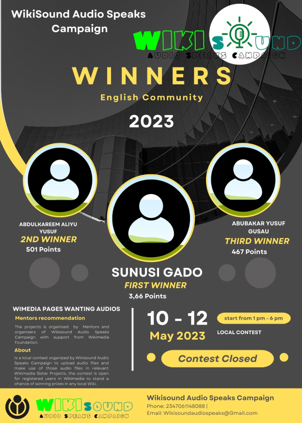 Ein buntes Plakat mit einem blauen Hintergrund und gelber und weißer Schrift, auf dem in fetter Schrift 'Gewinner' steht und lachende Menschen in der Mitte abgebildet sind.