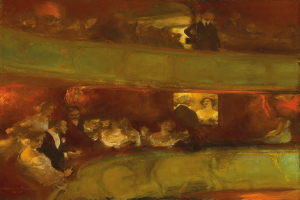 Gemälde einer vielseitigen Gruppe formell gekleideter Menschen in einem hell erleuchteten, neutral getönten Theater, einige stehen, einige sitzen, vermittelt eine lebendige und einladende Atmosphäre.