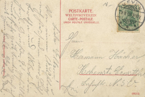 Eine alte Postkarte mit einer Briefmarke, die von Deutschland nach Deutschland adressiert ist und den Text "Postkarte Weltpostverein" und "Union Postale Universelle" trägt.