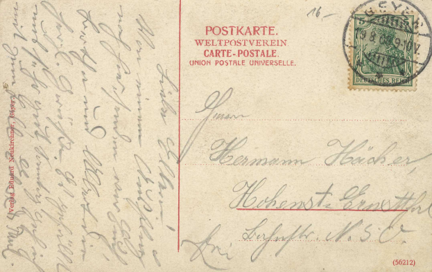 Eine alte Postkarte mit einer Briefmarke, die von Deutschland nach Deutschland adressiert ist und den Text "Postkarte Weltpostverein" und "Union Postale Universelle" trägt.