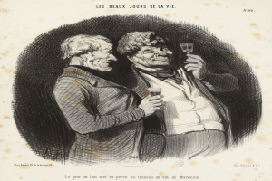 Ein älterer Mann und eine Frau stehen Seite an Seite, jeder hält ein Glas Wein in der Hand, mit Text am unteren Bildrand.