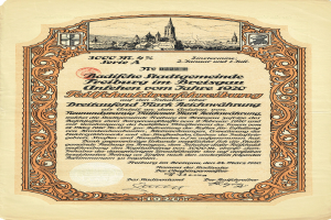 Altes deutsches Aktienzertifikat mit einer Stadtansicht und bedrucktem Text, der wahrscheinlich den Ursprung der Aktie beschreibt.