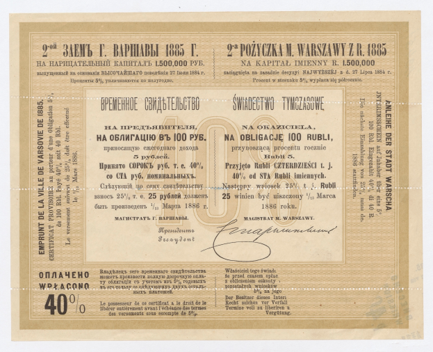 Ein altes Banknotenbild mit einem Schwarz-Weiß-Porträt eines Mannes, auf dem steht, dass es sich um eine Aktienurkunde handelt.