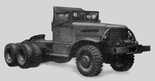 Schwarz-weiß-Zeichnung eines Lastwagens mit großem Vorderrad und robusten Geländereifen.