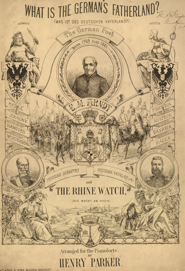 Ein Blatt mit Bildern von Menschen und dem Text "Was ist das Vaterland der Deutschen? Die Rheinwacht von Henry Parker."