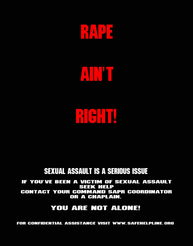 Plakat mit fetter schwarzer Schrift "Rape Ain't Right: Sexual Assault is a Serious Issue" auf einem weißen Hintergrund, der von einem schwarzen Rand eingerahmt ist.