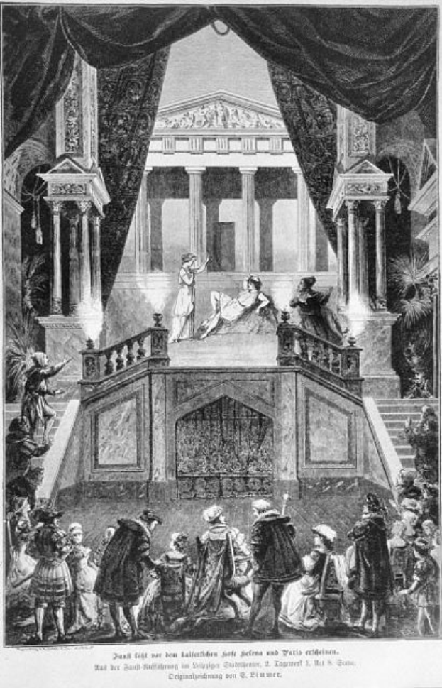 Schwarze und weiße Zeichnung einer Bühne mit Schauspielern, eingerahmt von einem Gebäude mit Säulen, Vorhängen und Pflanzen, mit dem Text "Der Phantom der Oper" unten.