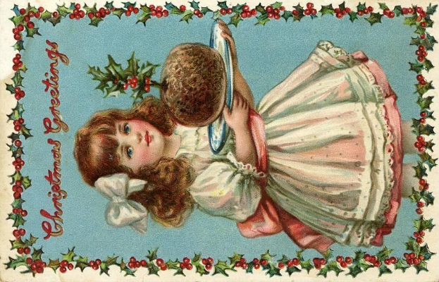 Eine alte Weihnachtskarte mit einem Mädchen in einem festlichen Kleid, das einen Korb mit Stechpalme hält, mit der Aufschrift "Fröhliche Weihnachten" in fetter Schrift.