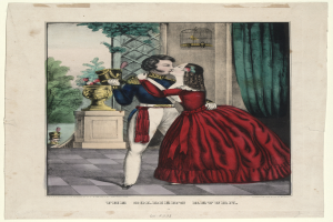 Ein Mann und eine Frau in einem roten Kleid umarmen und küssen sich vor einem Fenster, mit einem Blumenstrauß auf einem Sockel im Vordergrund, Bäumen im Hintergrund und einem Vorhang auf der rechten Seite. Unten im Bild ist Text zu sehen.