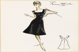 Schwarz-weiß-Zeichnung einer Frau in einem eng anliegenden schwarzen Kleid mit einem langen Rock, schwarzen High Heels und einem eleganten Dutt, von Jean Paul Gaultier entworfen.