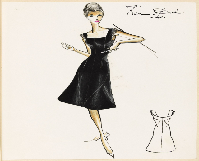 Schwarz-weiß-Zeichnung einer Frau in einem eng anliegenden schwarzen Kleid mit einem langen Rock, schwarzen High Heels und einem eleganten Dutt, von Jean Paul Gaultier entworfen.