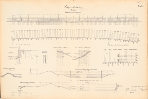 Ein aufgeschlagenes Buch mit einer detaillierten Zeichnung einer Eisenbahnschiene, umgeben von Text, der einen Überblick über das Eisenbahnsystem gibt.