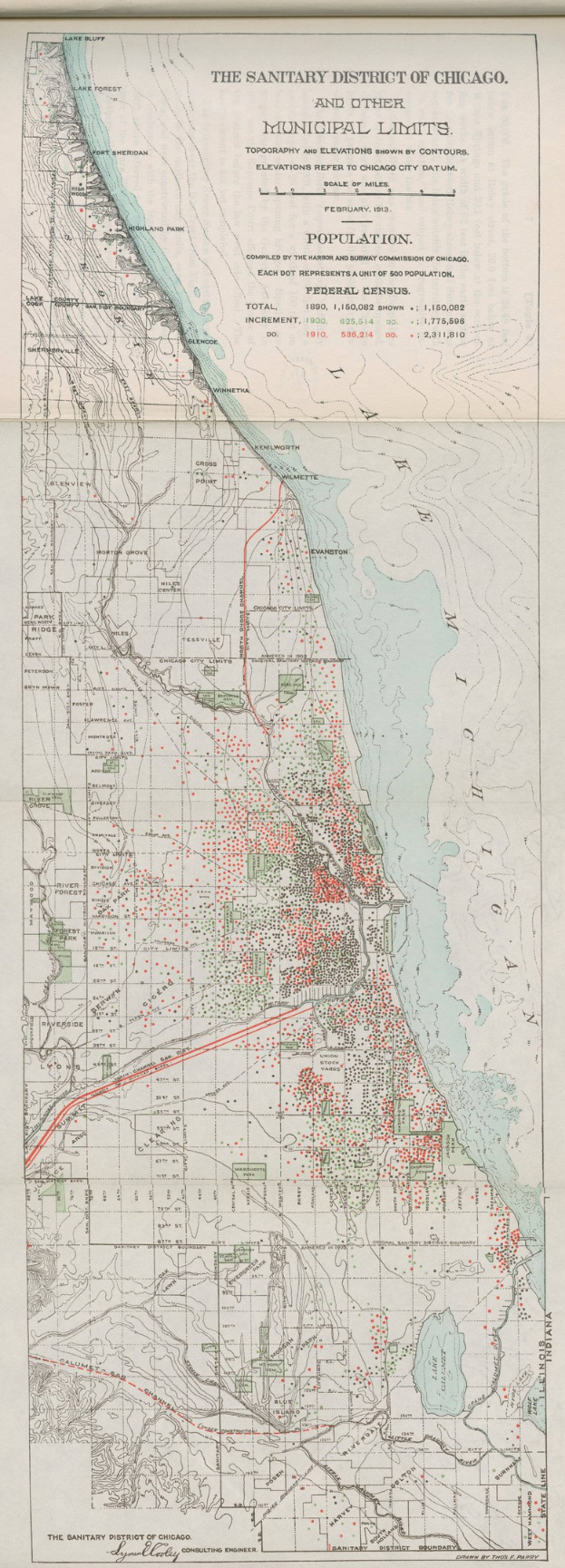 Schwarze und weiße Karte des Sanitärbezirks von Chicago, die die kommunalen Grenzen und Textdetails zeigt.