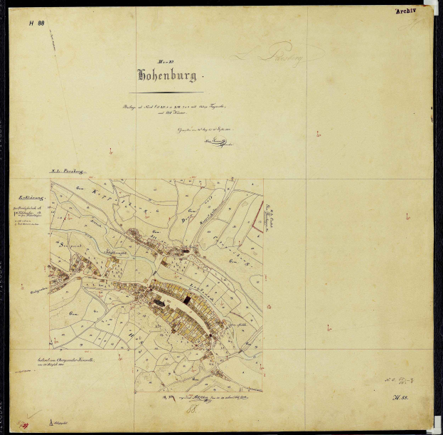 Ein altes Stadtplan von Bohenburg, Deutschland, mit schwarzem Rand, der Straßen, Gebäude und Sehenswürdigkeiten zeigt.