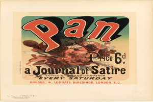 Ein Plakat mit einer Person mit kurzen, dunklen Haaren in einem weißen Hemd, die ernst schaut, mit der Aufschrift "Pan: Eine Satirezeitschrift" in fetter, schwarzer Schrift in der Mitte auf einem weißen Hintergrund.