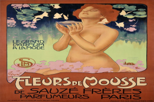 Eine Frau hält ein Glas Fleur de Mousse Duftwasser in der Hand, mit Text auf einem Plakat von Alphonse Mucha.