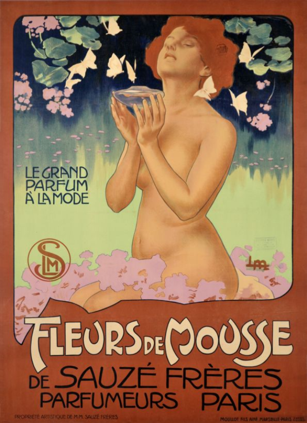 Eine Frau hält ein Glas Fleur de Mousse Duftwasser in der Hand, mit Text auf einem Plakat von Alphonse Mucha.
