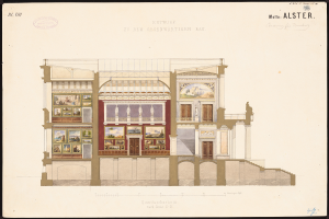 Ein detailliertes Bild einer Opernhausfassade, geschmückt mit Fenstern, Türen, Säulen und farbenfrohen Malereien, die das Innere zeigen, mit begleitendem Text, der den historischen Kontext liefert.