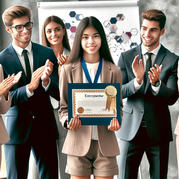 Eine Gruppe von Menschen in einem beruflichen Setting klatschen und feiern, mit einer Frau in der Mitte, die ein Zertifikat hält und eine Medaille trägt.