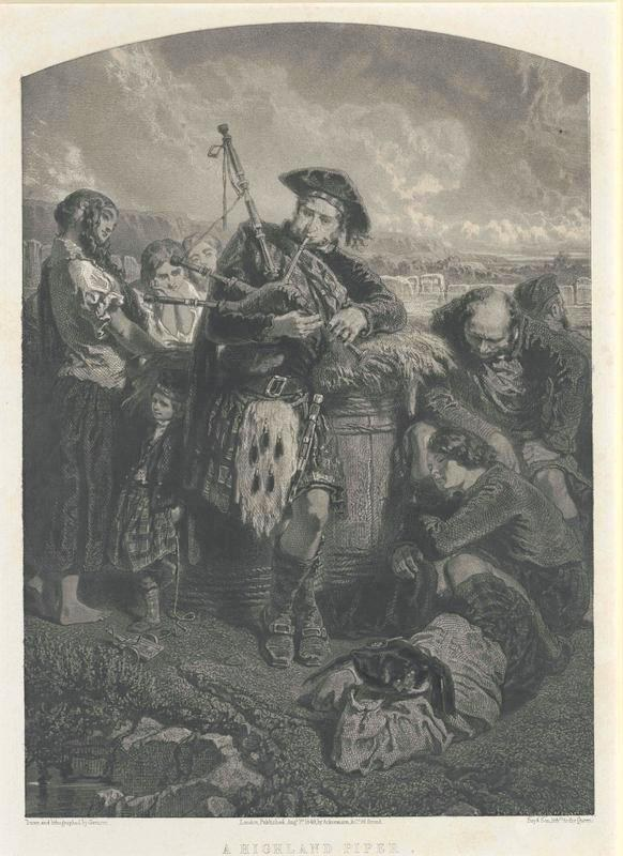 Schwarz-weißes Gravur eines Mannes, der eine Dudelsack vor einer Gruppe von Menschen spielt, mit einem bewölkten Himmel und der Inschrift "Ein Highland-Pfeifer" unten.