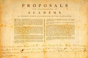 Ein altes Dokument mit dem Titel "Vorschläge zur Gründung einer Akademie in George Town, Patowack-River, Maryland" mit rechtlichem Text.