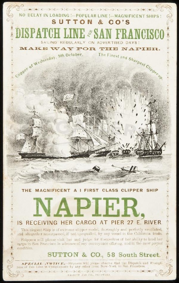 Eine Werbung für das Napier-Klipper-Schiff mit mehreren Schiffen auf dem Wasser und Text, vor einem dunklen Hintergrund.