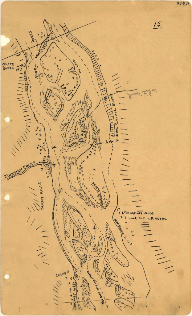 Detailierte alte Stadtkarte auf altem Papier mit handgeschriebenem Text, der Straßen, Gebäude, Parks und Sehenswürdigkeiten benennt.