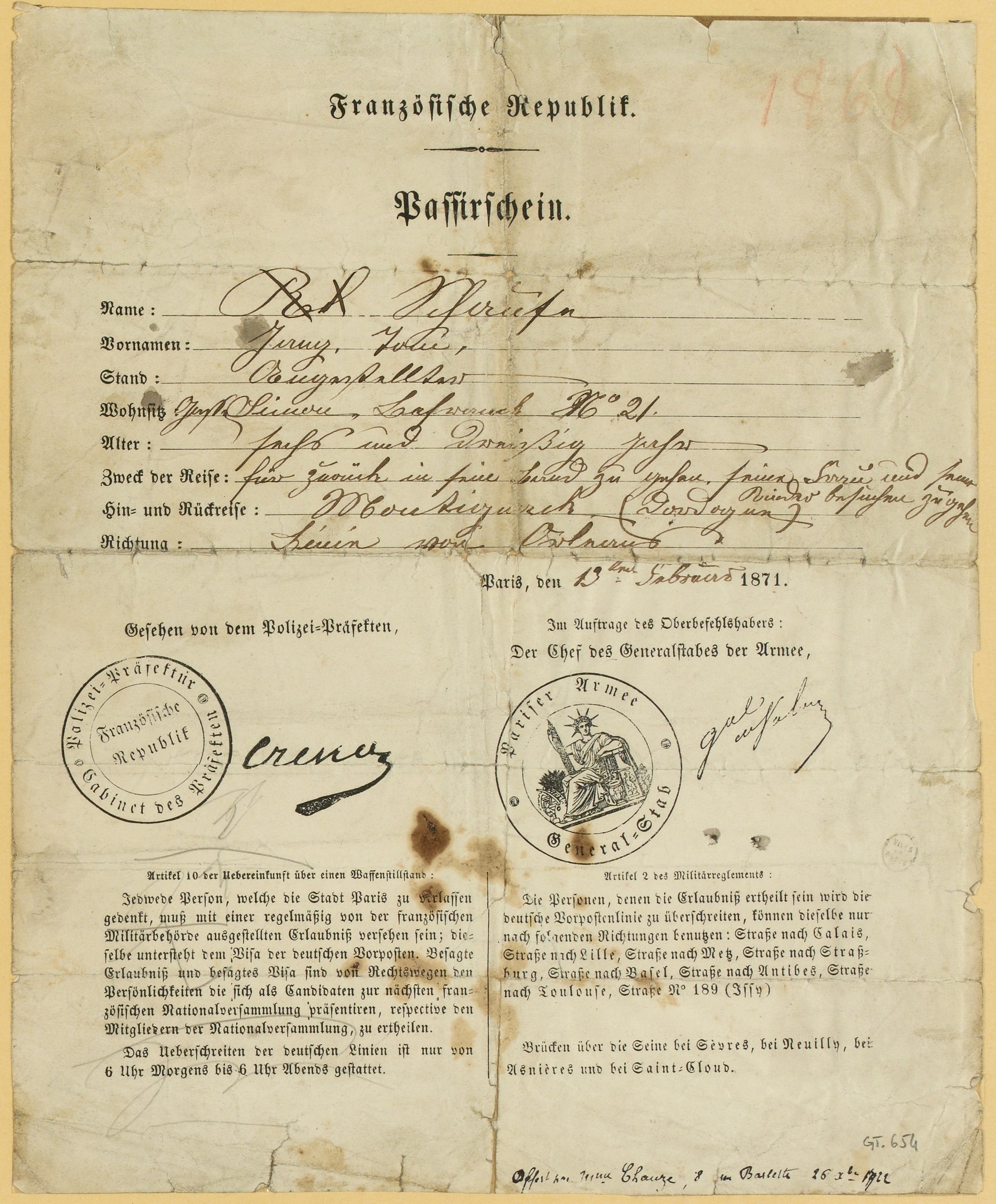 Altes deutsches Regierungsdokument mit rundem schwarzumrandetem Stempel auf vergilbtem Papier, das schwarze Schrift enthält.