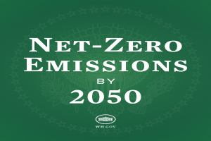 Weißer fetter Text auf grünem Hintergrund: "Netto-Null-Emissionen bis 2050."