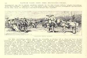 Ein Buchseiten-Abbildung mit einer Illustration von Menschen in Cowboy-Hüten und Stiefeln, die galoppierende Pferde über eine grüne Wiese reiten, mit dem Text "Ranch Life and the Hunting Trail".