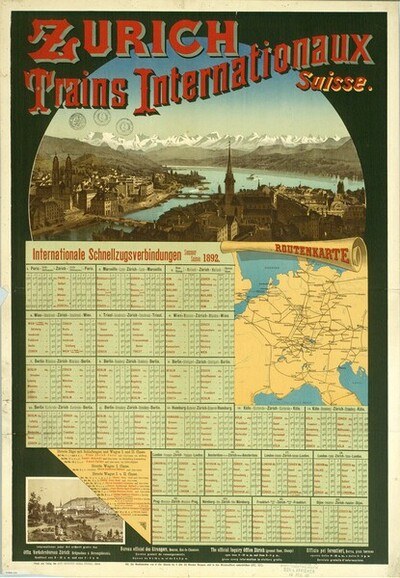 Plakatwerbung für Zürich Trains Internationalaux, das eine Karte von Zürich mit Gebäuden, Wasser und Bergen im Hintergrund und Text zeigt.