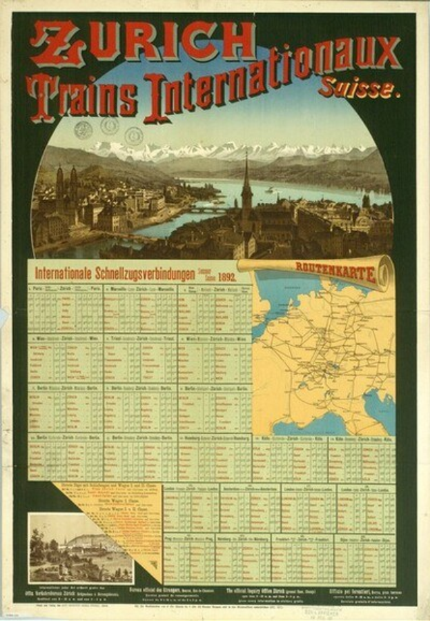 Plakatwerbung für Zürich Trains Internationalaux, das eine Karte von Zürich mit Gebäuden, Wasser und Bergen im Hintergrund und Text zeigt.