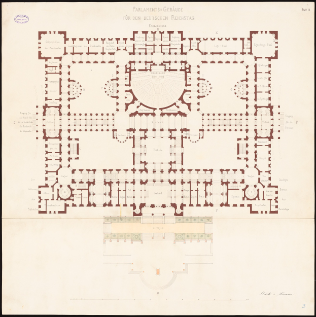 Schwarz-weißer architektonischer Grundriss des Reichstagsgebäudes in Berlin, Deutschland, der detaillierte Layouts von Räumen, Fluren, Fenstern und Türen mit begleitenden Textannotationen zeigt.