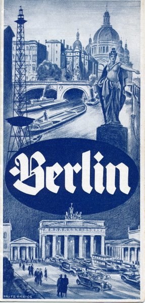 Plakat für Berlin, Deutschland, mit einer Statue, Gebäuden, einem Turm, Menschen, Fahrzeugen auf der Straße und einer Brücke mit Text, der Informationen über die Stadt bereitstellt.