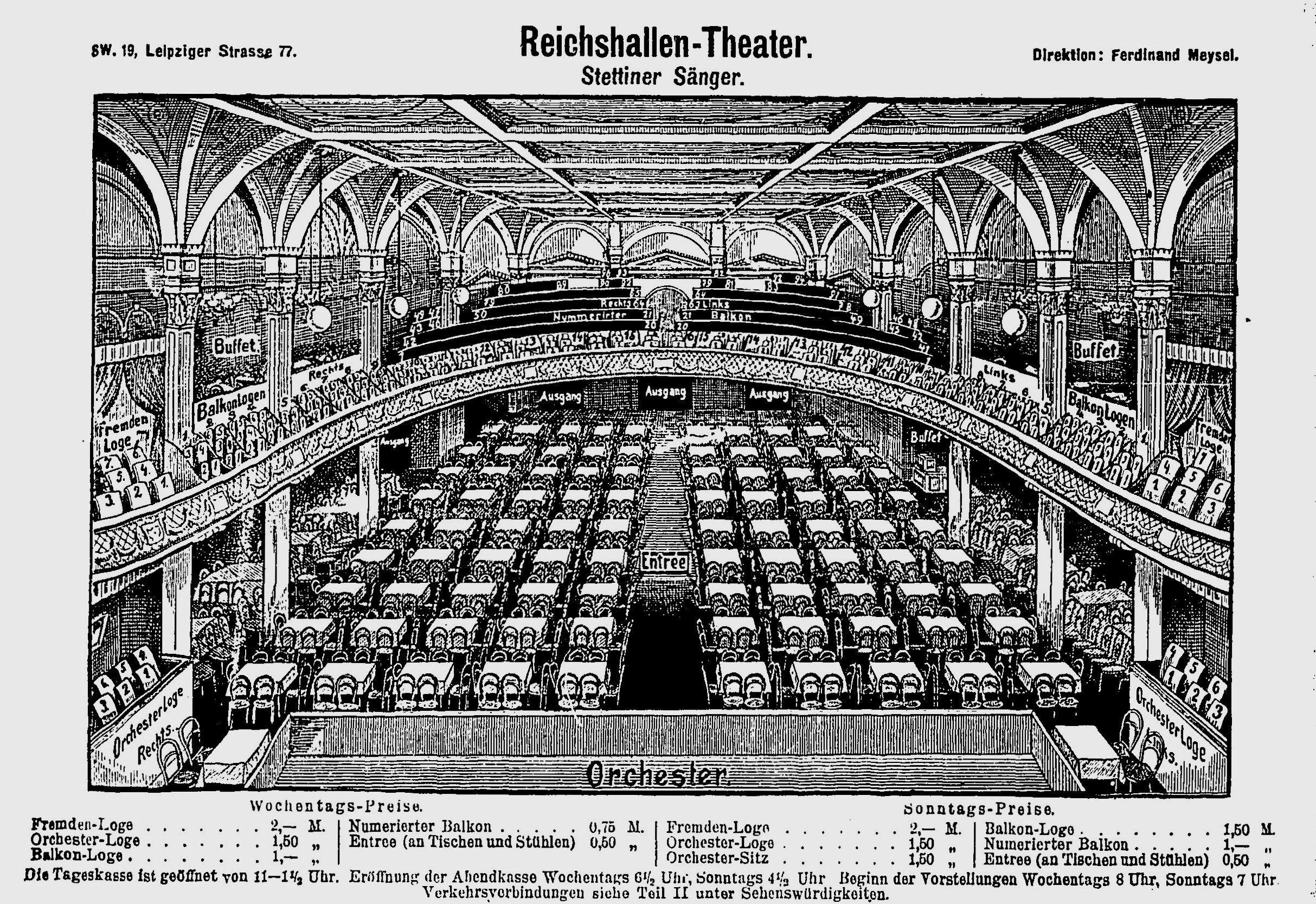 Eine Schwarz-Weiß-Zeichnung des Reichshallen Theaters in Berlin, Deutschland, die das Auditorium mit Sitzreihen, Säulen und einer Decke zeigt, mit Text unten.